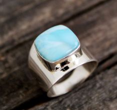 Handmade Silver Plated Brass Ring with Larimar Gemstone for Men and Women